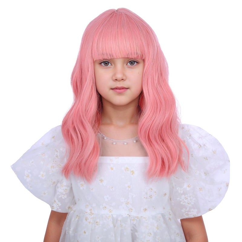 DUDUWIG Girls Pink Wig with Air Bangs Kids Short Lovely Pink Wavy Curly Wigs Child Light Pink Synthetic Cosplay Hair - Image 2